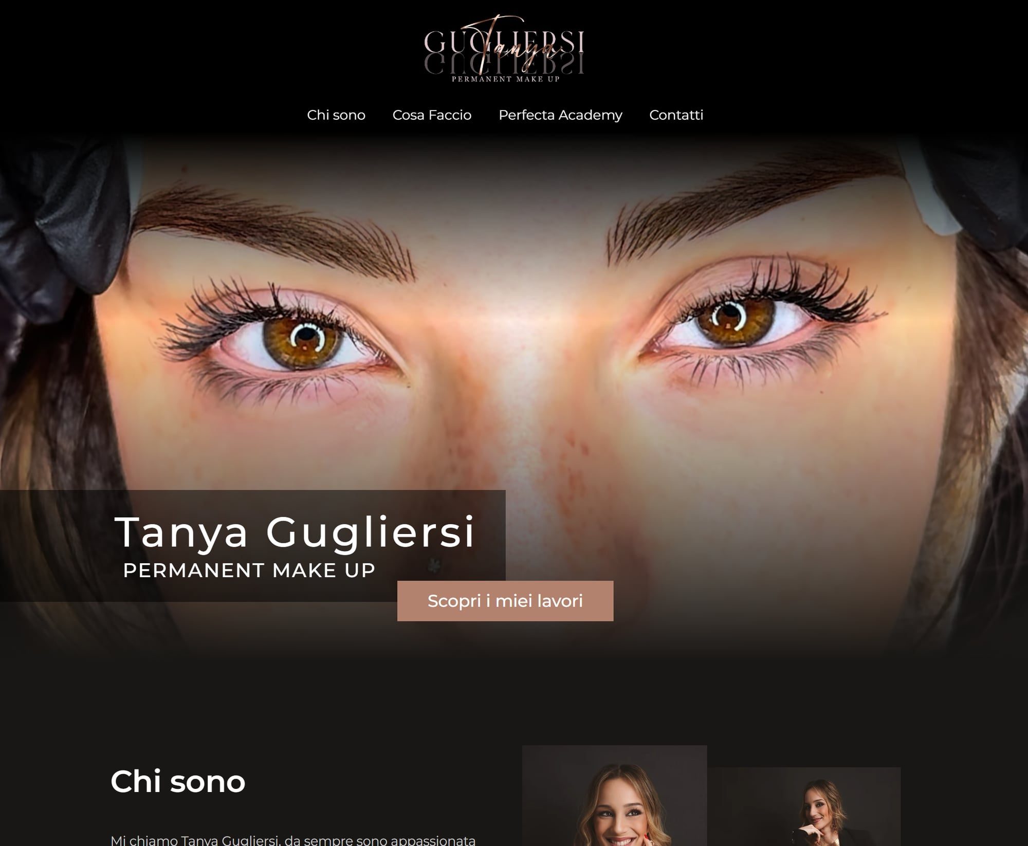 Home page del sito di Tanya Gugliersi: primo piano di occhi e sopracciglia con il titolo «Tanya Gugliersi, Permanent Make Up» e il menu con la sezione Perfecta Academy
