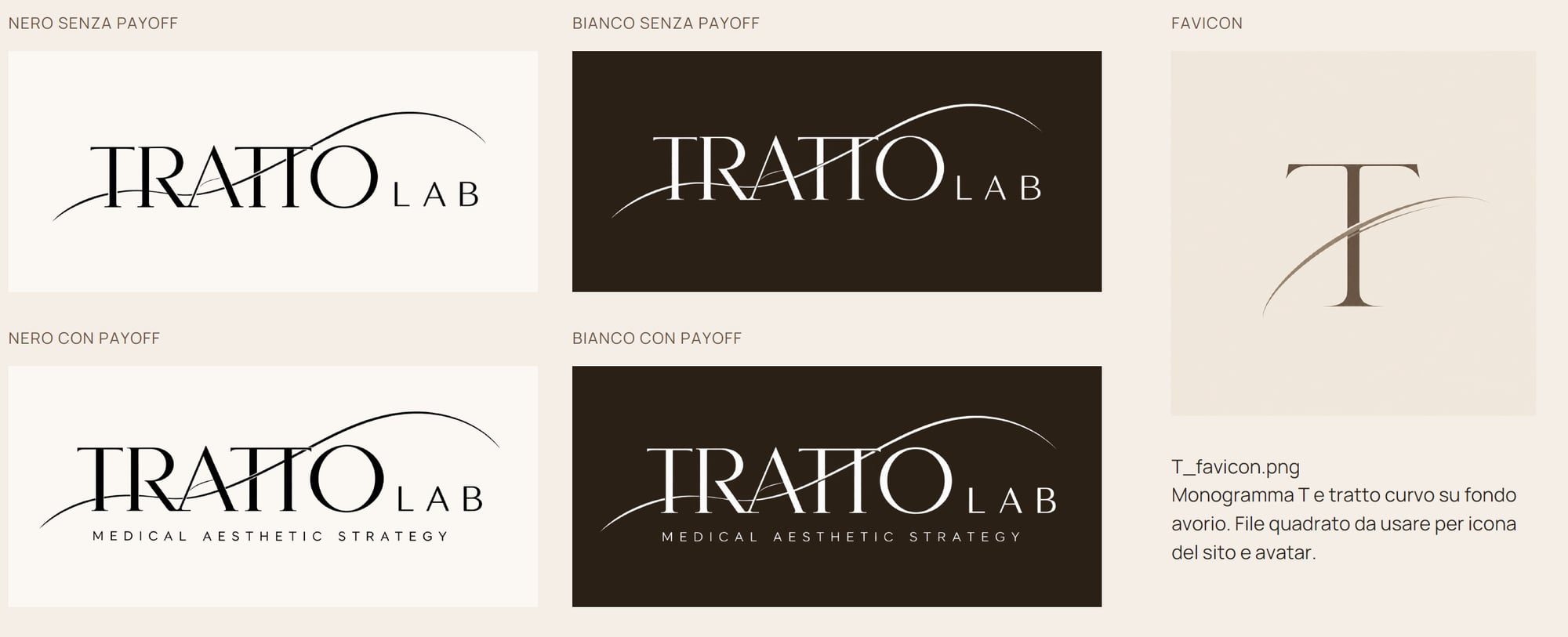 Versioni del logo Tratto Lab: nero e bianco, con e senza il payoff «Medical Aesthetic Strategy», e il monogramma T per favicon e avatar