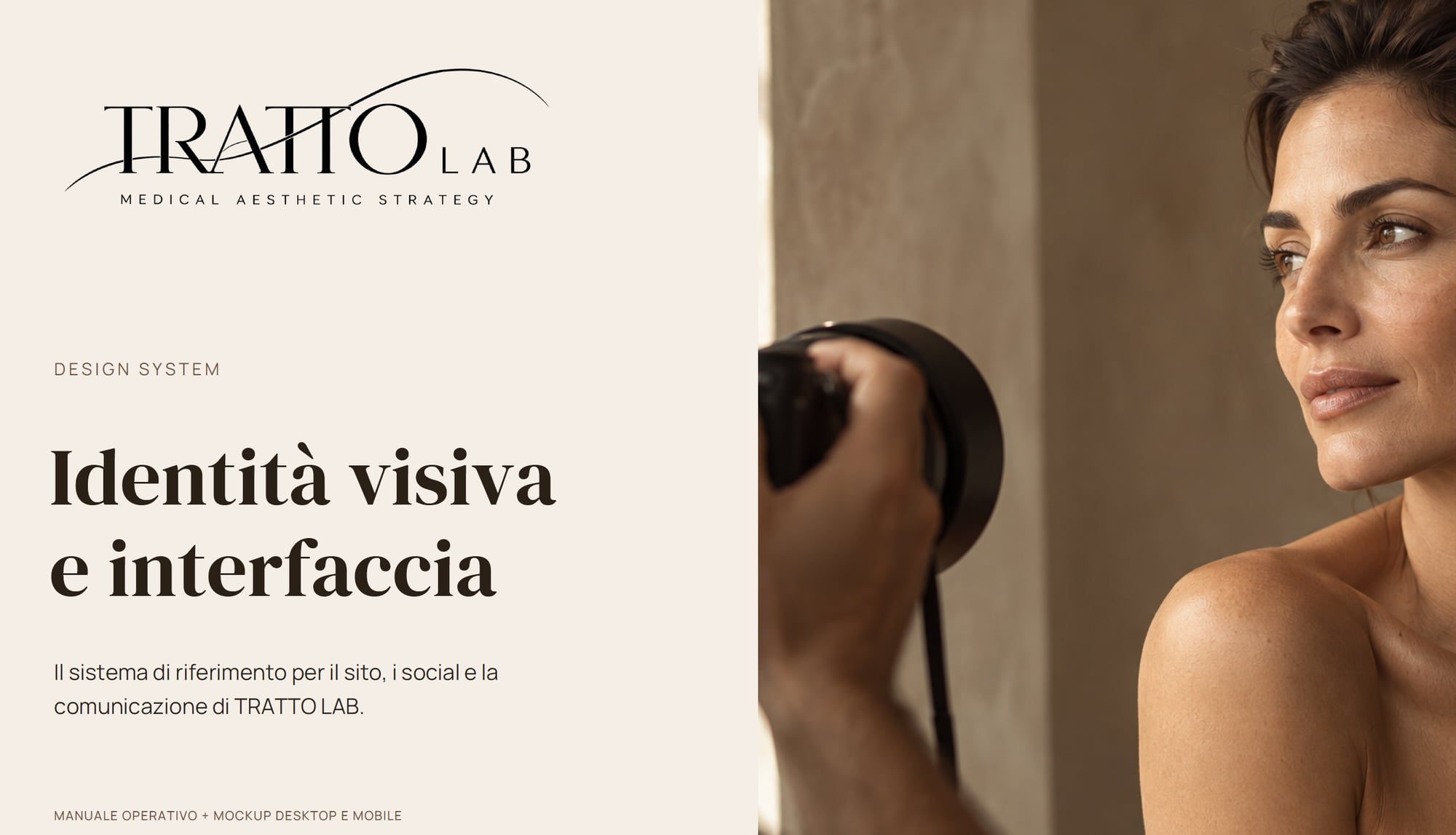 Copertina del design system di Tratto Lab, «Identità visiva e interfaccia», con un ritratto fotografico in luce calda