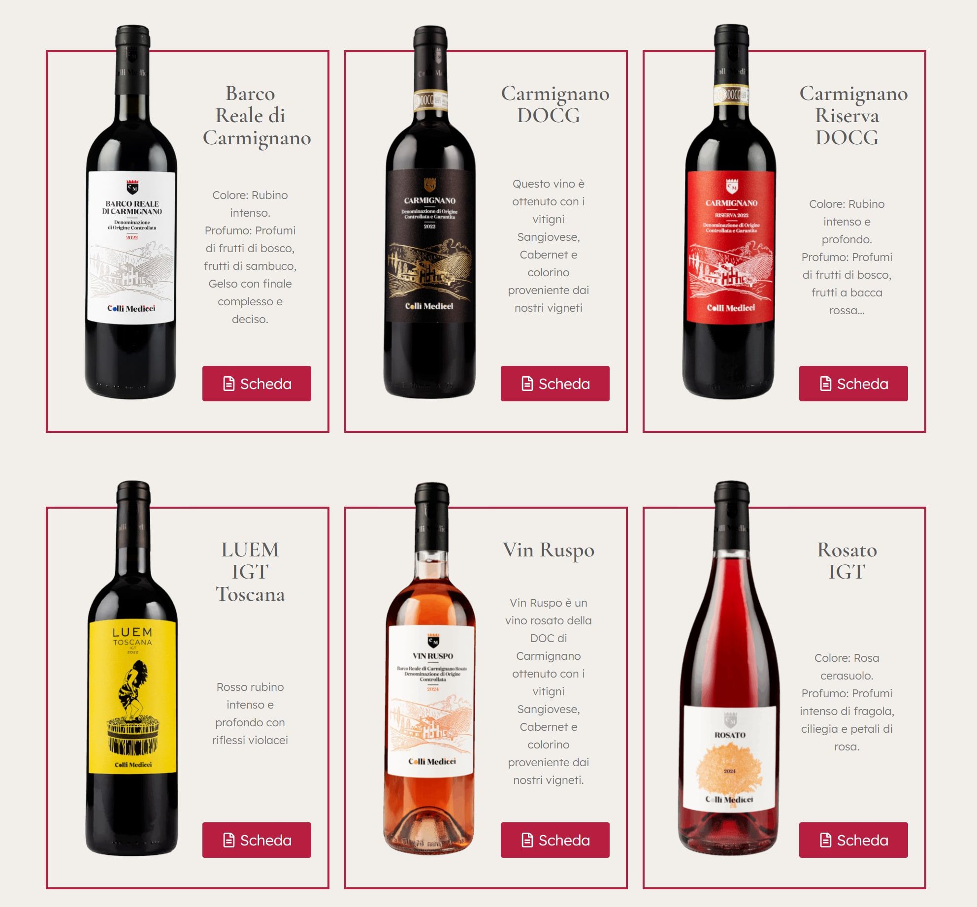 Schede dei vini sul sito con le foto delle bottiglie: Barco Reale di Carmignano, Carmignano DOCG, Carmignano Riserva DOCG, LUEM IGT Toscana, Vin Ruspo e Rosato IGT