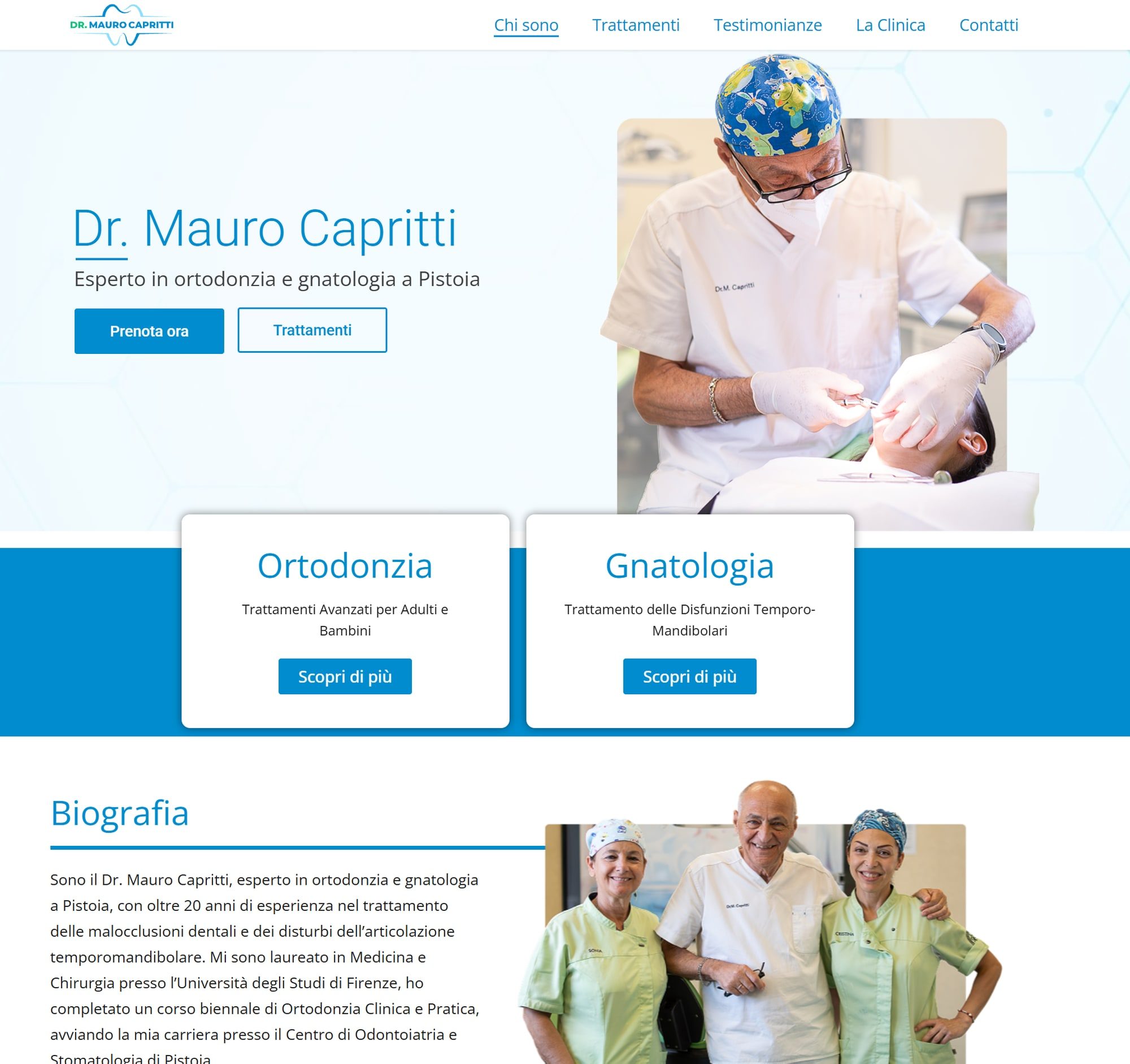 Home page del sito: «Dr. Mauro Capritti, esperto in ortodonzia e gnatologia a Pistoia», con le sezioni Ortodonzia, Gnatologia e Biografia
