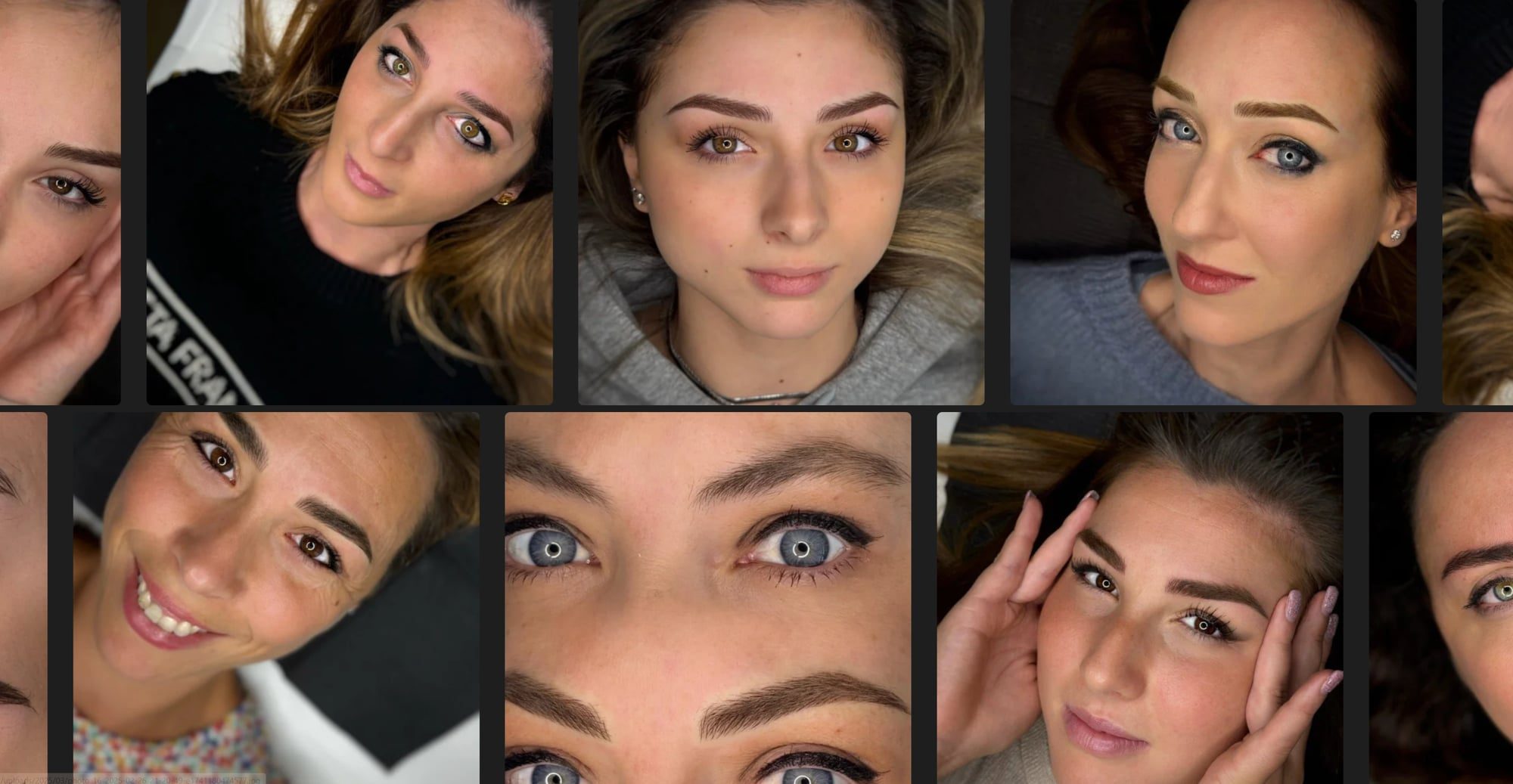 Servizio fotografico dei trattamenti: primi piani di clienti con sopracciglia e trucco permanente