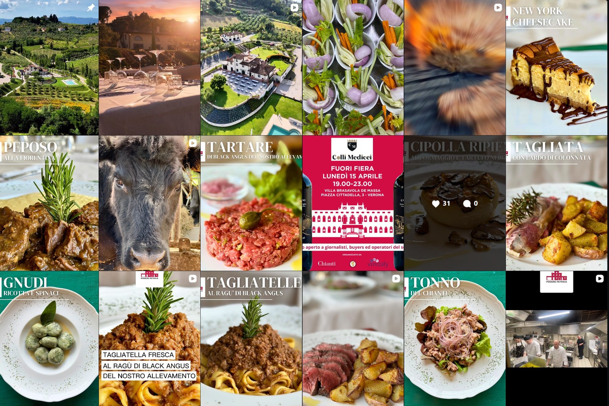 Griglia del profilo Instagram di Podere Petraia con foto dei piatti, della tenuta e grafiche coordinate