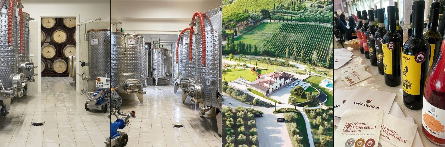 Foto sul profilo Instagram: la cantina con le vasche in acciaio e le botti, la tenuta vista dall’alto e i vini con i materiali per il Merano WineFestival