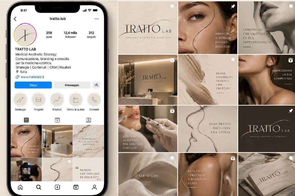 Profilo Instagram di Tratto Lab su smartphone e griglia dei post con logo, ritratti e frasi su immagine, strategia e risultati