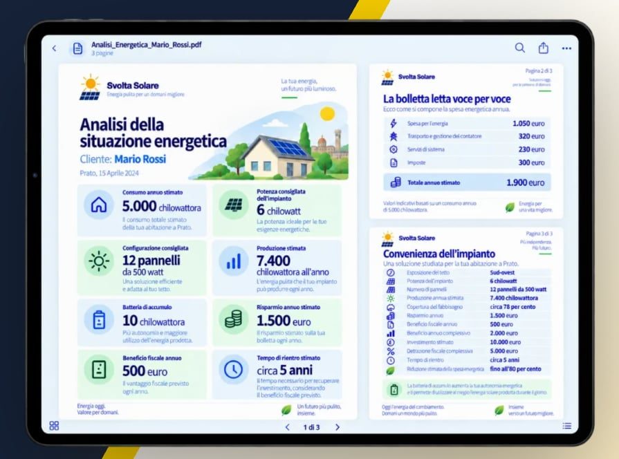 Esempio di Piano Solare su tablet: analisi della situazione energetica, bolletta letta voce per voce e convenienza dell’impianto per un cliente di esempio