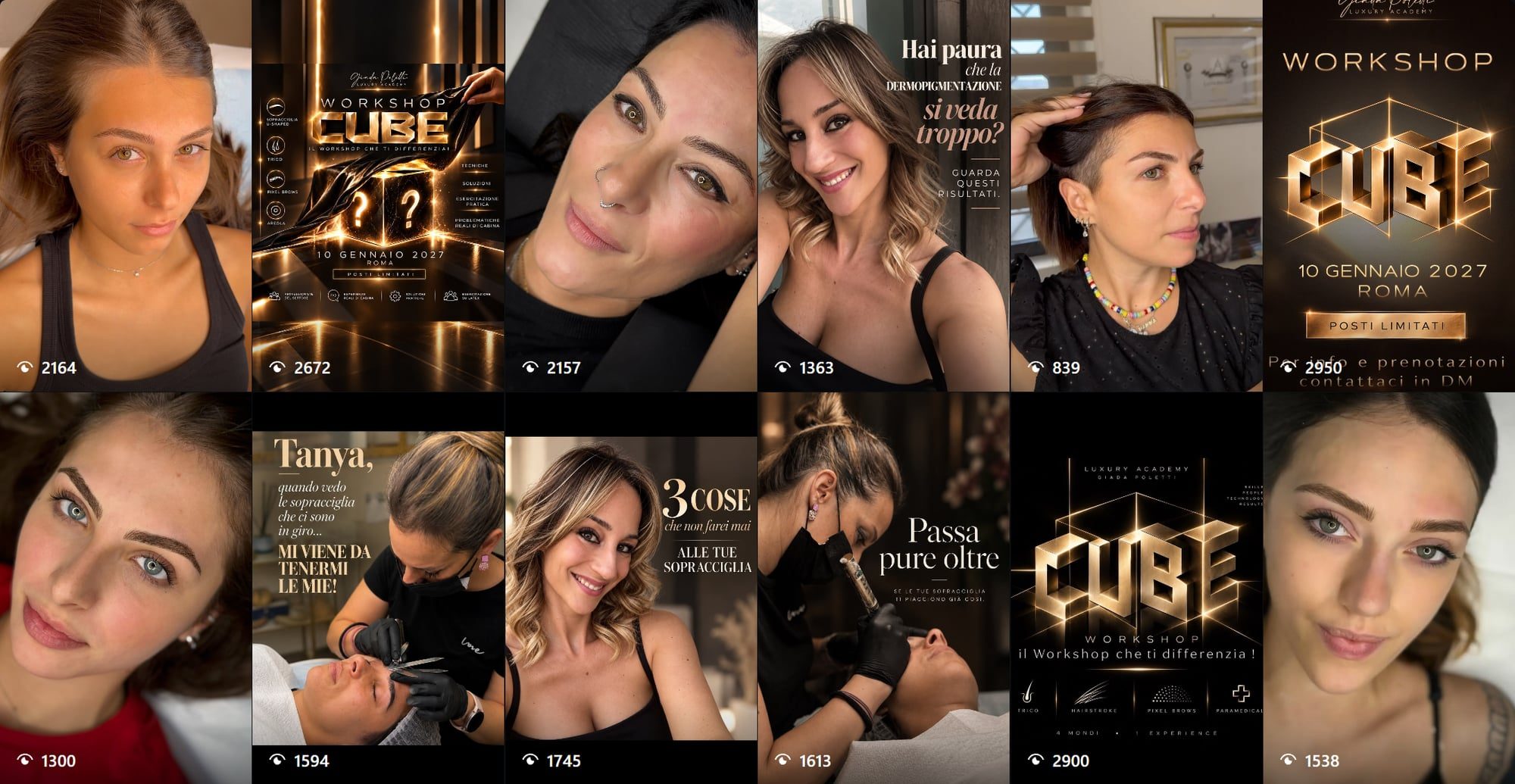 Griglia dei Reel su Instagram: risultati dei trattamenti, Tanya al lavoro in cabina e contenuti dedicati alla dermopigmentazione