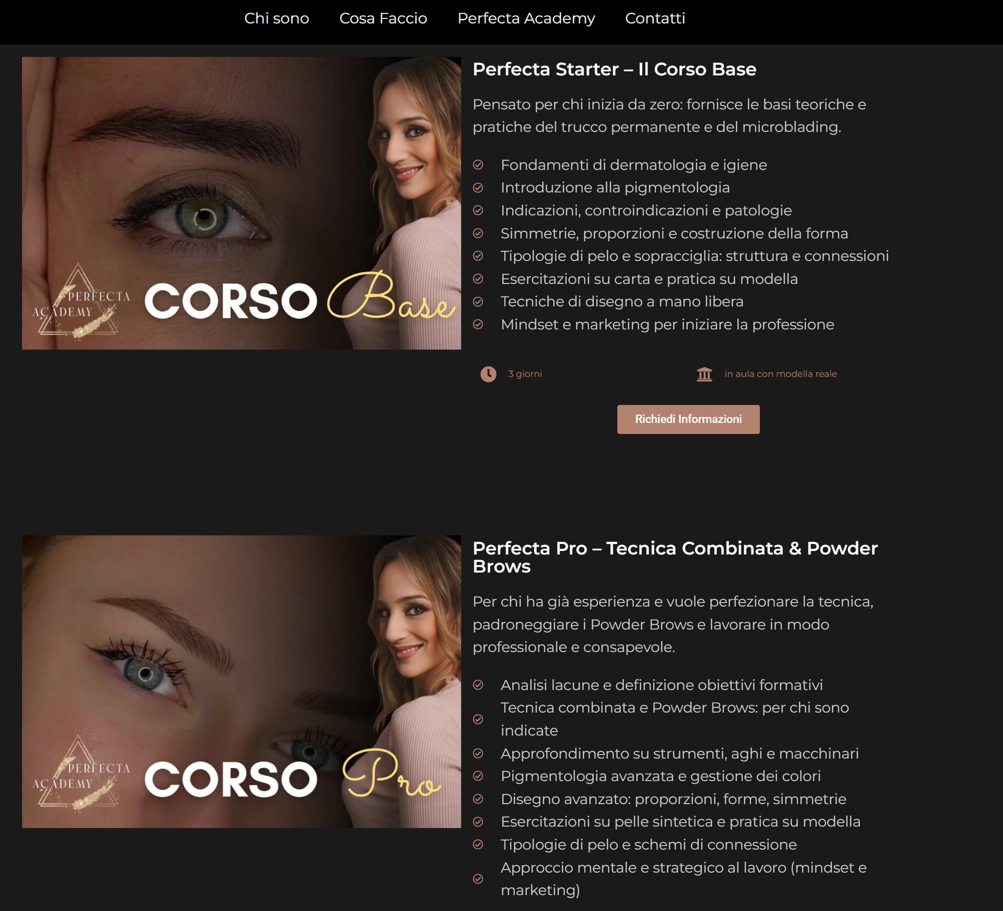 Sezione Perfecta Academy del sito con i corsi Perfecta Starter, il corso base, e Perfecta Pro, tecnica combinata e Powder Brows