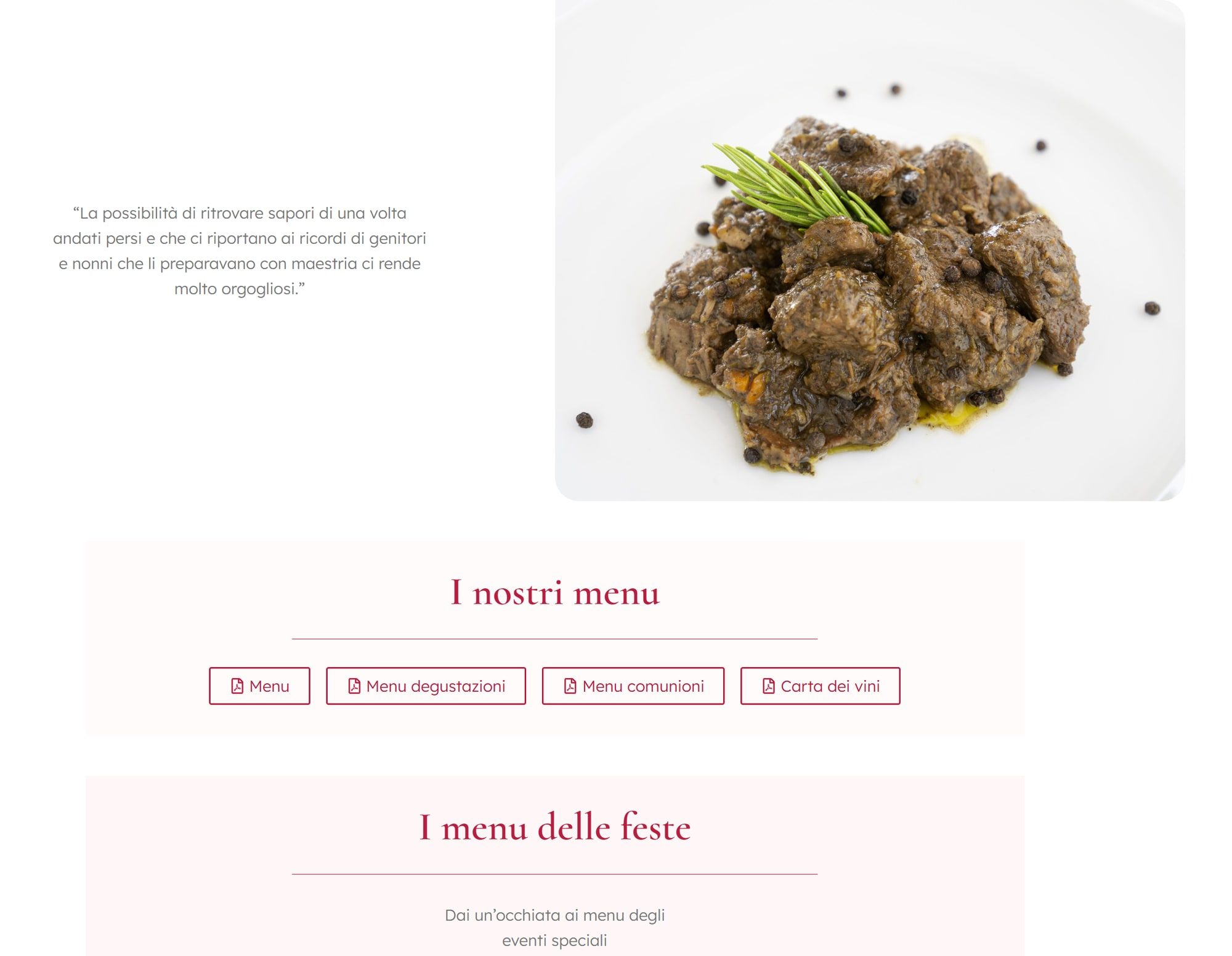 Pagina del ristorante sul sito: fotografia di un piatto e sezione dei menu