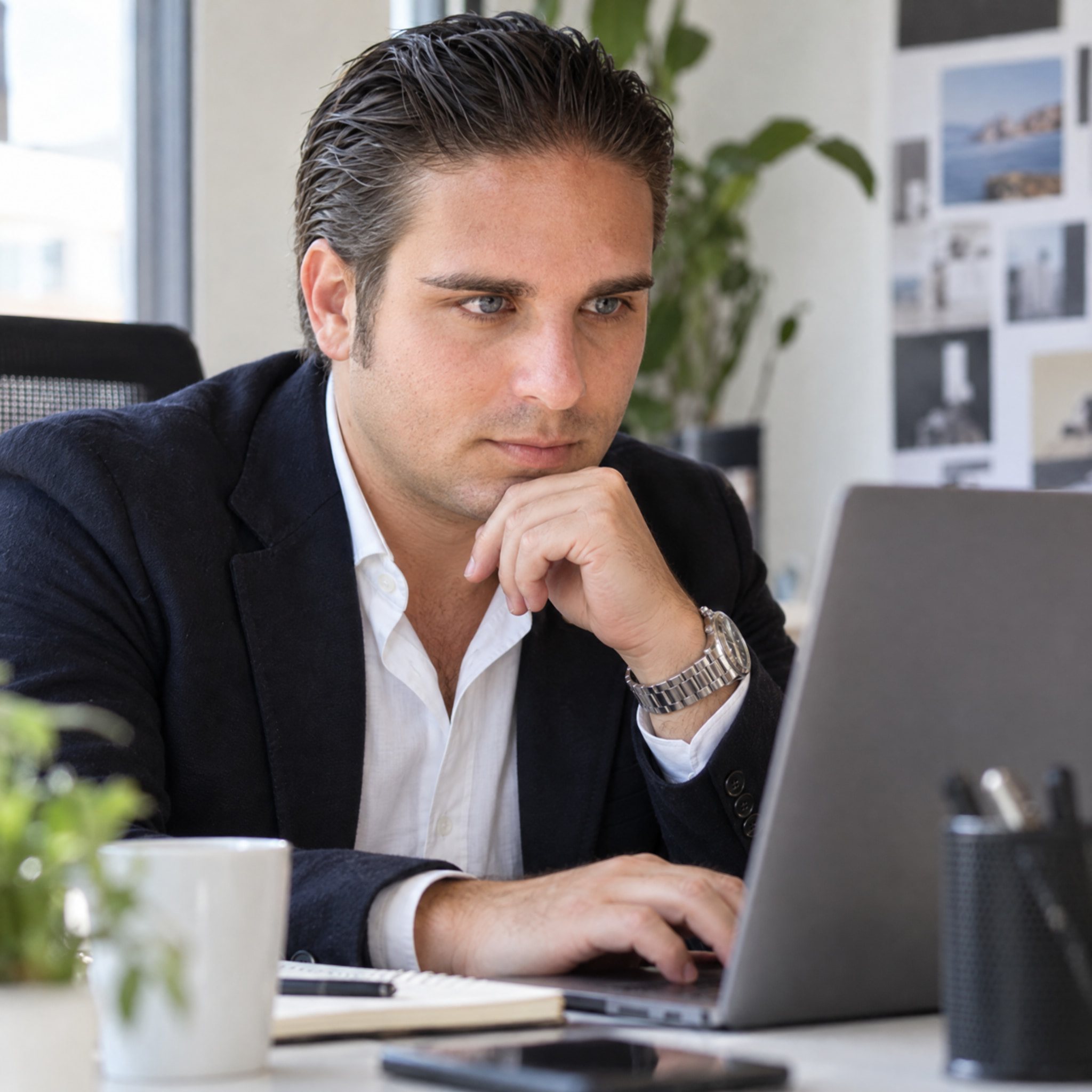 Marco Capritti concentrato al computer mentre analizza informazioni in ufficio.