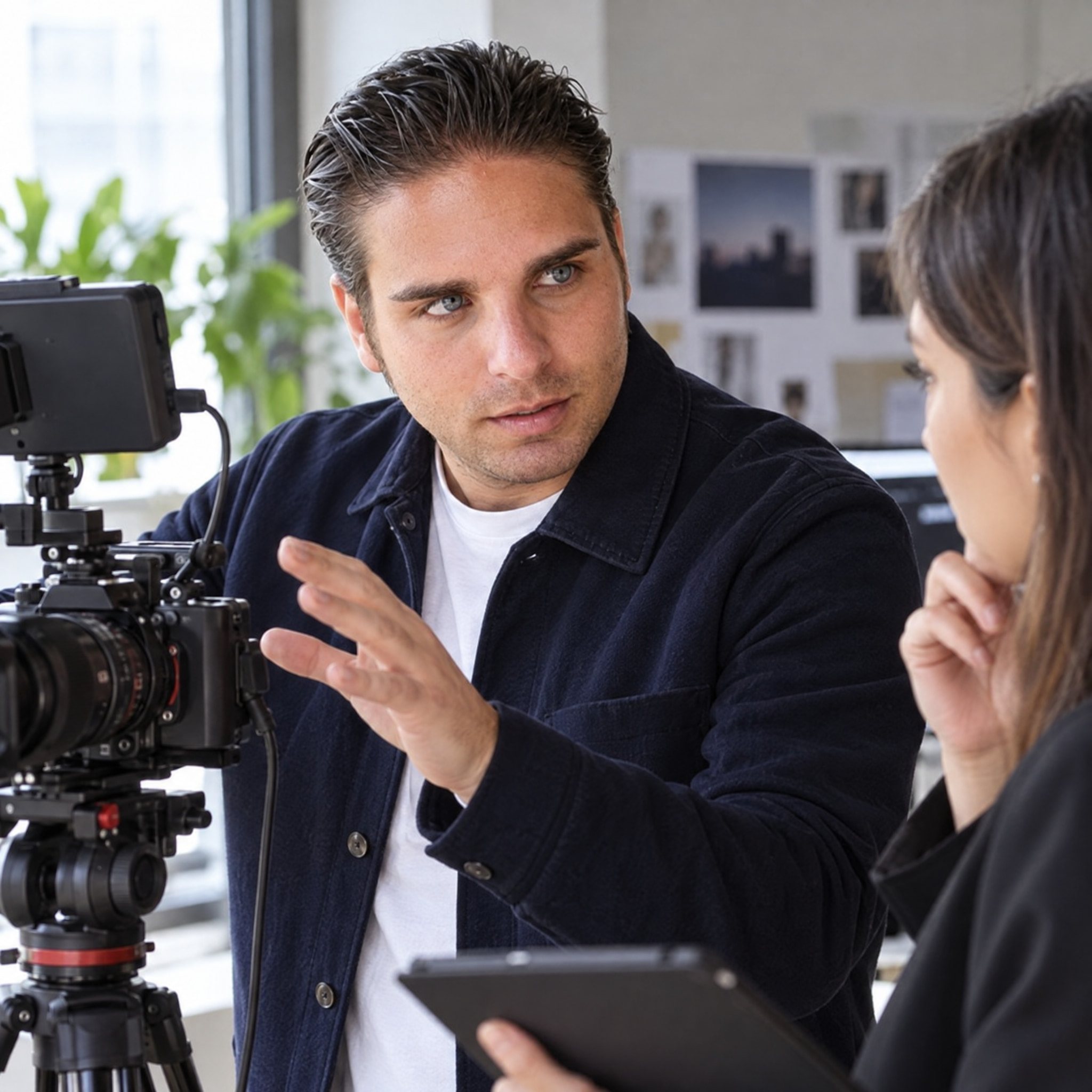 Marco Capritti accanto a una videocamera durante la preparazione di contenuti, mentre parla con una collega.