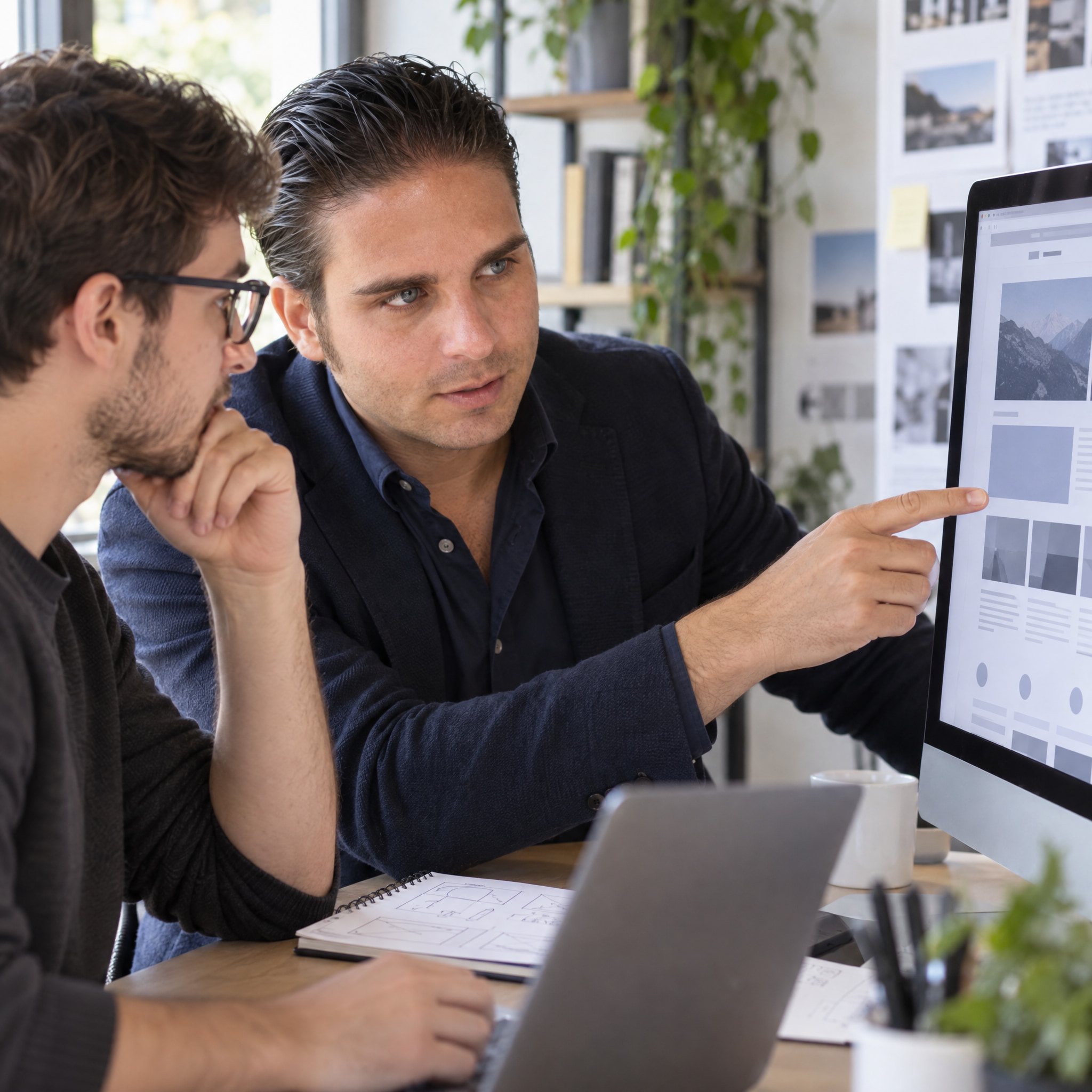 Marco Capritti indica a un collega il layout di un sito web sul monitor.